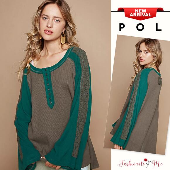 POL Lace Detail Scoop Neck Contrast Long Sleeves Buttoned Relaxed Top | Charcoal - Picture 1 of 6